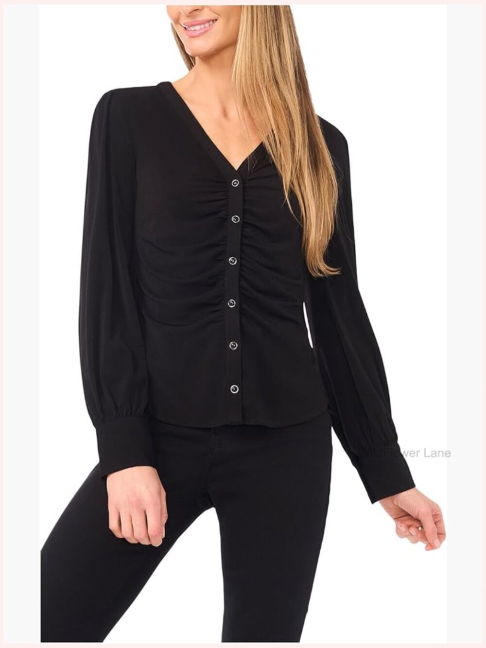Long Sleeve V-Neck Shirred Button Down Knit Top Blouse
